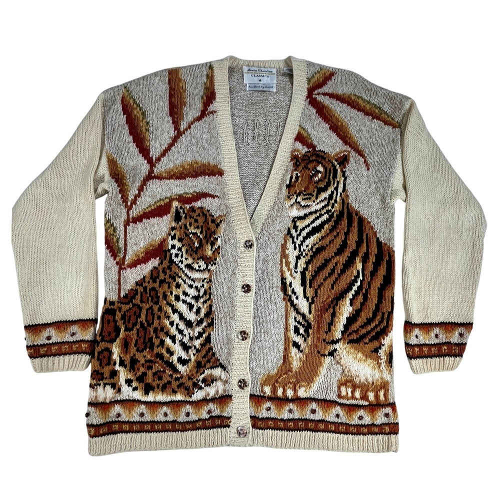 Vintage Marisa Christina Tiger Cardigan M Hand Knit Animal Safari Beaded 90s